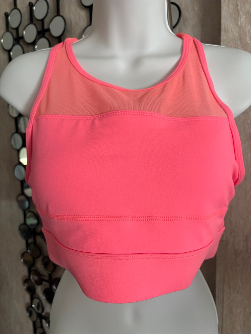 High-Neck Mesh-Panel Sports Bra in Neon Coral Pink